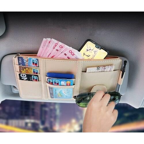 PU Leather Auto Sunshade Storage Bag Multifunctional Car Hanging Bag Card Holder Stowing Tidying Interior Accessories