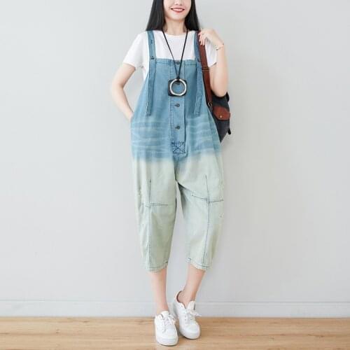 Gradient Color jumpsuit Wide leg Straps Jeans Women Baggy Drop Crotch denim Overalls Big size Cowboy Pockets Rompers pants
