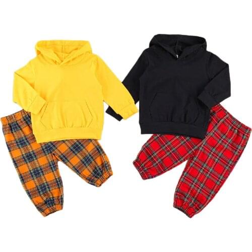 1-4Years Childrens Clothing Set 2 Pieces Baby Suit Set Solid Color Long Sleeve Hooded Top+ Plaid Trousers