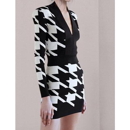 Fashion Autumn Winter Vintage Long Sleeve V-Neck Mini Party Dress Ladies Elegant Coffee Break Bird Lattice Knitted Bodycon Dress