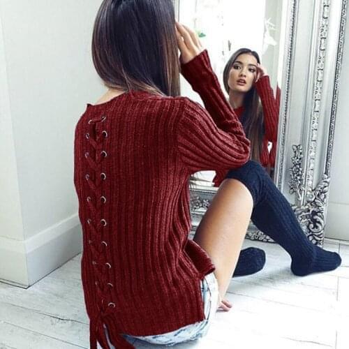 Fashion Casual O-Neck Long Sleeve Lace Up Women Sweaters and Pullovers Knit Slim Sweater Women