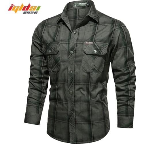 Mens Fashion Casual Long Sleeved Shirt Slim Fit Male Dress Shirt Brand Cotton Male Clothing Military Uniform Bomber Plaid Shirt