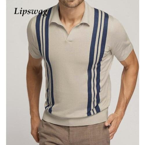 2021 Summer Mens Casual Polo Shirts Short Sleeve Turn-down Collar Pullover Tops Fashion Patchwork Striped Men Slim Polo Shirt