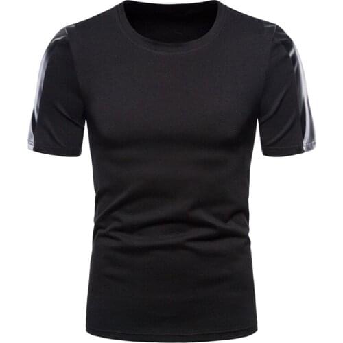 Mens Slim Fit O-neck Tshirt Hipster Pu Leather Patchwork Short Sleeve T Shirt Men Streetwear Casual T-shirt Male Camiseta Hombre