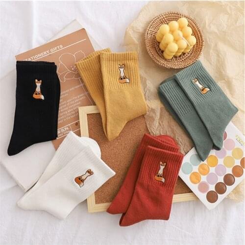 Crew Embroidered Animal fox Funny Socks Women Ankle Winter Women Socks Cotton Warm Cartoon 1 Pair