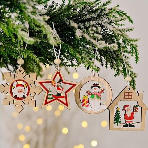 New Christmas Decorations Christmas Wooden Printing Pendants A Box of 4 Santa Snowflake Pendants Home Decor