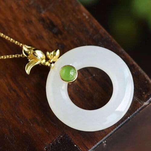 Silver inlaid natural Hetian jade plant Pendant Necklace with unique Chinese charm and ancient craft womens brand jewelry