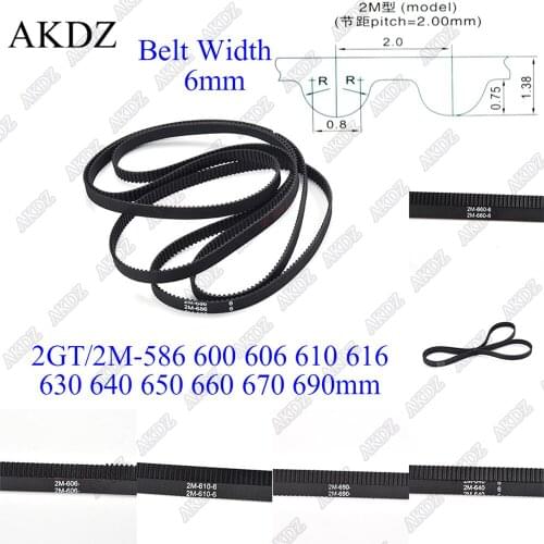 2GT Timing belt Pitch length 586 600 606 610 616 630 640 650 660 670 690 width 6mm 2M 2GT Synchronous Rubber closed