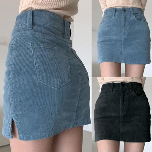 Sagace sexy short skirt 2021 spring and summer womens fashion solid color retro corduroy split A-line buttock skirt