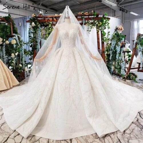 Serene Hill Light Nude Luxury Long Sleeves Wedding Dress 2020 Dubai Beading Sequin High-end Sexy Bridal Gown Custom Made CHX0116