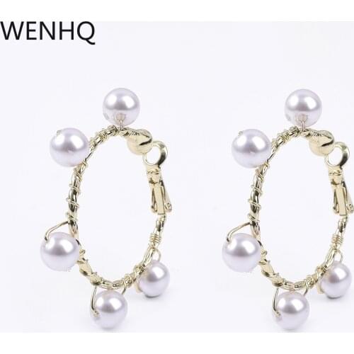 WENHQ 2021 Gold Color Woven Metal Gold Color Pearl Clip on Earrings Pain-proof Silicone Non-pierced Ear Clip Cute Hoop Earrings