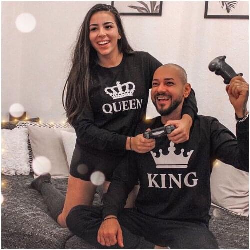 King Queen Crown 01 Print Couple Clothes Women Men Sweatshirt Lovers Brushed Casual Pullovers Sweetheart Gift Vintage Ladies Top