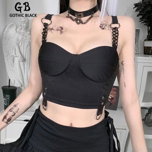 Gothblack Punk Slim Solid Camisole Women Summer Gothic Dark Metal Chain Bodycon Casual Tube Top Fashion Street Low Cut Sexy Vest