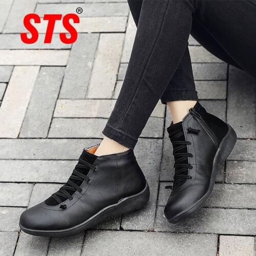 STS Womens Casual Flats Boots Ankle Leather Lace Up Booties Womens Plus Size Flat Winter Comfortable Boots Women Shoes Outdoor