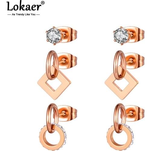 Lokaer Trendy Titanium Stainless Steel Rhinestone Geometric Earrings Jewelry 3Pair/Set CZ Crystal Earrings For Women Girl E20290