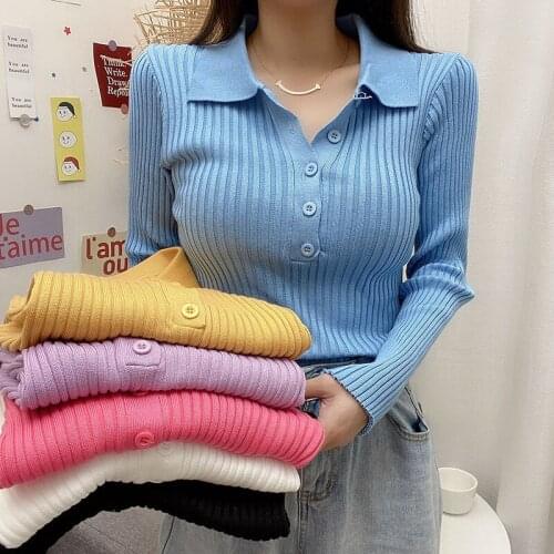 Sweater Woman Pullover Basic Slim Stretch Long Sleeve Knit Shirt Female Clothes Autumn Winter Turndown Collar Tops Ropa De Mujer