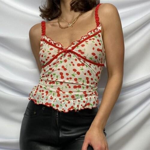 Cherry Print Crop Tops Y2k Women Sexy Camis Summer Backless Camisole 90s E Girl Aesthetic Cute Mesh Tank Tops Streetwear Women