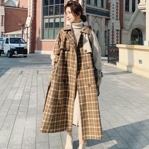2020 Winter Over Knee Turn-down Collar Long-sleeved Patchwork Plaid Straight Minimalist Woolen Overcoat With Belt C626