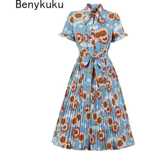 50s Floral Print Vintage Clothes 2021 Women Tie Neck Button Up Elegant Midi Dress Summer Short Sleeve Pleated Dresses with Belt
