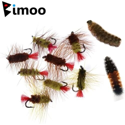 Bimoo 8PCS #10 Mix Color Wooly Worm Fly Trout Fishing Nymph Bug Woolly Worms Green Brown Black Color