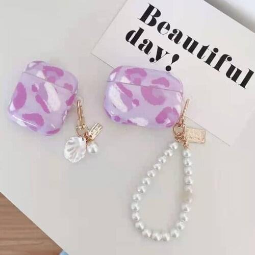 Luxury Leopard Pearl Case for Apple AirPods Pro / AirPods 1 2 3 Cute Korean Purple Shell with Keychain Silicone Earphone Cover