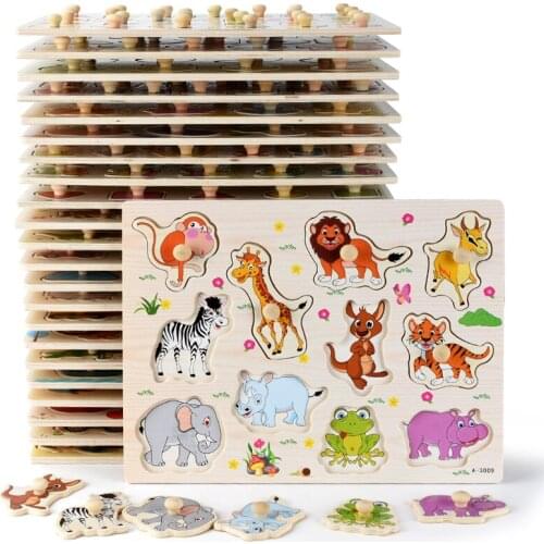 Kids 3D Wooden Puzzle Hand Grab Boards Toys Vehicle Animals Fruits Cognition Tangram Jigsaw Children Educational Toys