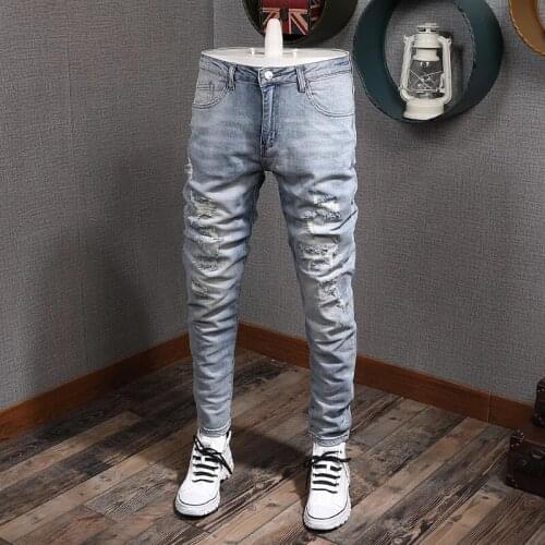 European American Street Fashion Men Jeans Retro Light Blue Slim Fit Ripped Jeans Men Korean Style Destroyed Denim Pencil Pants
