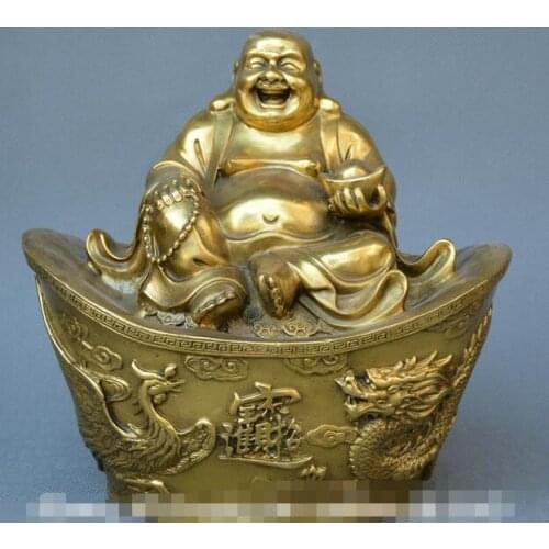 China Tibet Buddhism old bronze Gilt carve dragon phoenix Maitreya Buddha statue
