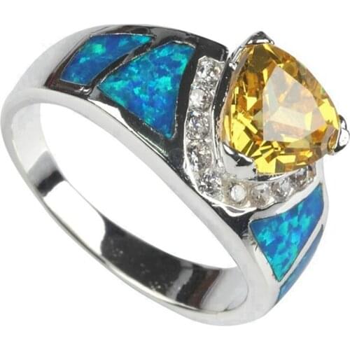 Fleure Esme Best Sellers wedding rings for womens clothing accessories Blue opal and Yellow Cubic Zirconia Rhodium Plated R746