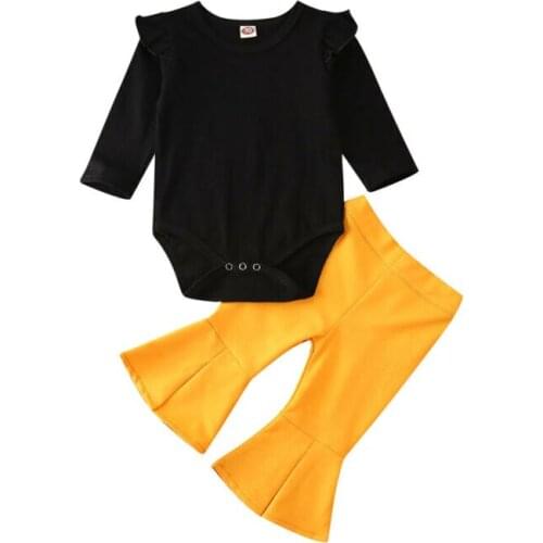 0-24M Newborn Baby Girl Clothes Solid Long Sleve Bodysuit Jumpsuit + Flared Long Pants 2pcs Outfits
