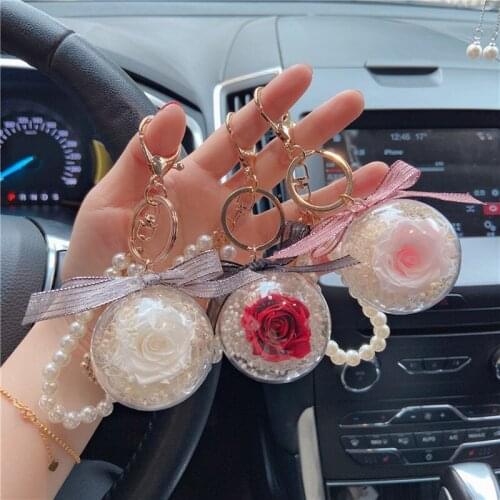 Creative Rose Eternal Flower Keychain Pearl String Love Fashion Bag Pendant New Car Gift Key Chain Pendant