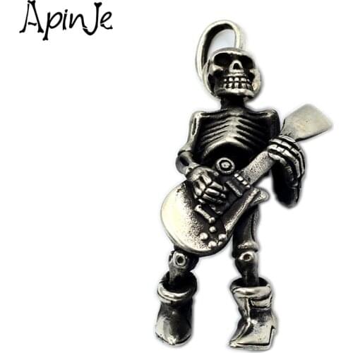 Apinje Handcrafted Thai Silver Skull Pendant 925 Sterling Silver Men Women Necklace Pendant Guitar Skeleton Hip Hop Rock Jewelry