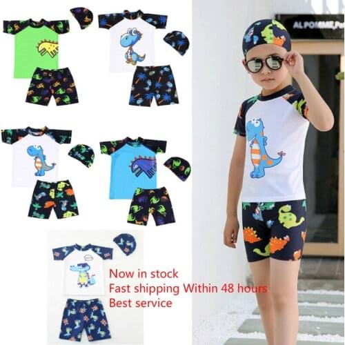 Toddler Little Boys Swimsuit Trunk and Rashguard Short Sleeve Cartoon Dinosaur Swimwear