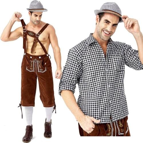 HOT Men Carnival Oktoberfest Costume Plaid Shirt Lederhosen Outfit Cosplay Halloween Parade Stage Show Fancy Party Dress