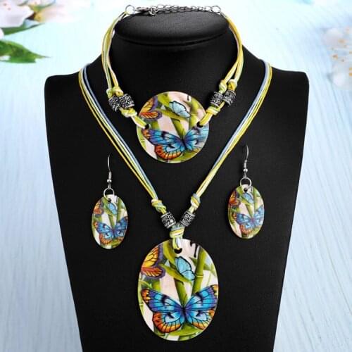 Hesiod Antique Retro Green Rope Leather Oval Pendant Jewelry Sets Wedding Party Butterfly Flower Jewelry