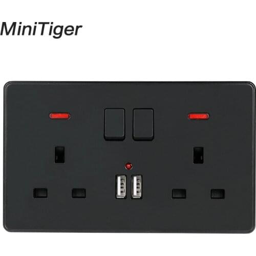 Minitiger Wall Power Socket Double UK Standard Outlet Switched 2.1A Dual USB Charger Port LED indicator 146mm*86mm Black Color