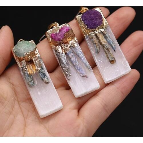 Natural Druzy Stone Pendant Charms Rectangle Agates Pendant Plating Gold for Making Women DIY Necklace Accessories 17x50mm