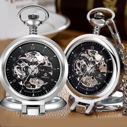 2020 New Pocket Watches Men Open Case Skeleton Mechanical Fob Watch Stainless Steel Silver Necklace Pocket Watch Pendant Clock
