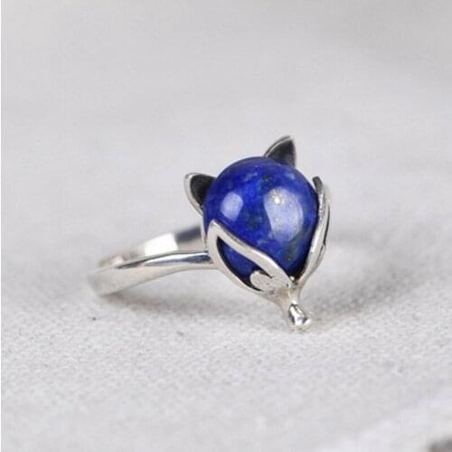 BOCAI New Real pure S925 silver retro fashionable simple fox head lapis lazuli women ring
