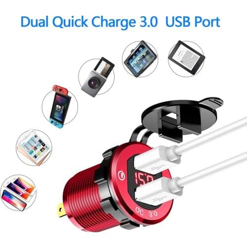 New Quick Charge 3.0 Dual USB Charger Socket, Waterproof Aluminum Power Outlet Fast Charge with LED Voltmeter for 12V/24V Tools