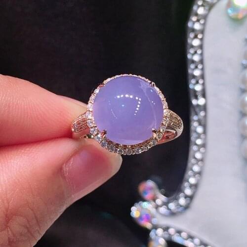 Inspired design silver inlaid natural ice chalcedony oval violet opening adjustable ring elegant charm ladies jewelry