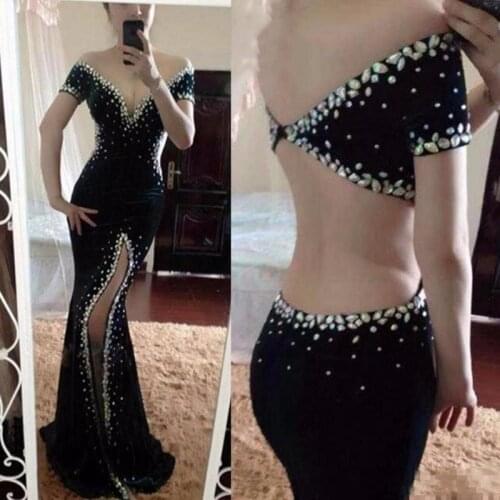 Sexy Black Velvet Mermaid Prom Dresses Off The Shoulder Crystals Dubai Cut Side Split Formal Evening Pageant Gowns Formal Party