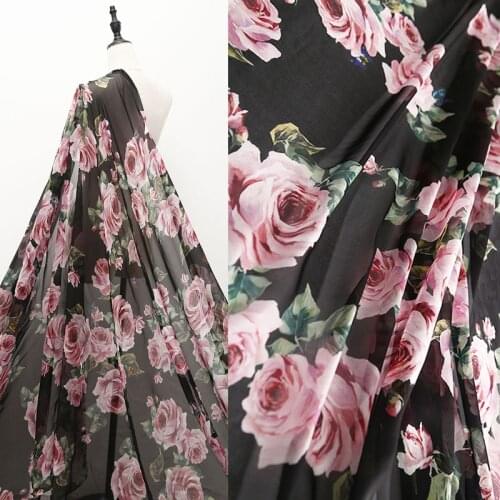 145cm Width Romantic Roses Butterfly Printed Thin Transparent Chiffon Fabric for Woman Girl Summer Long Dress DIY Sewing