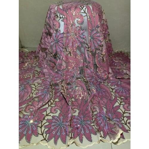 Nigerian Velvet Sequins Lace Embroidery 2021 Pink High Quality Lace African French Mesh Lace Net Fabric For Dress Party 5 Yards