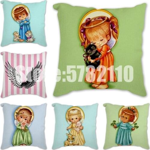Vintage Cartoon Angel baby wing Printed Cushion Cover Linen Throw Pillow Car Home Decoration Decorative Polyester Pillowcase