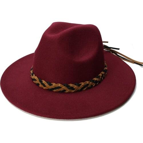 LUCKYLIANJI Retro Women Men Vintage 100% Wool Wide Brim Cap Fedora Panama Jazz Bowler Hat Knit Leather Band (57cm/adjust)