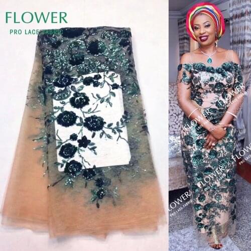 Green Flower Sequins Meah Net Lace Fabric India Women Prom Evening Dresses Fabrics African Swiss Voile Tulle Tissu Sequined Lace