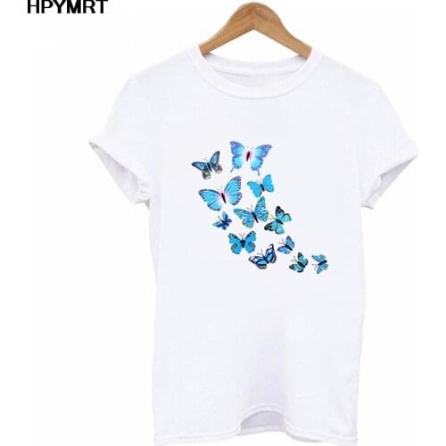 Blue Butterfly Pattern Print T-Shirts Womens Crewneck Hip Hop Top Couple Tee Tops Tshirt Female New Summer Loose White T Shirts