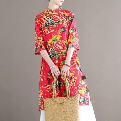 QPFJQD Ladies Stand Half Sleeve Red Long Blouses New Summer Autumn Women Cotton Linen Print Floral Shirts And Tops Chinese Style