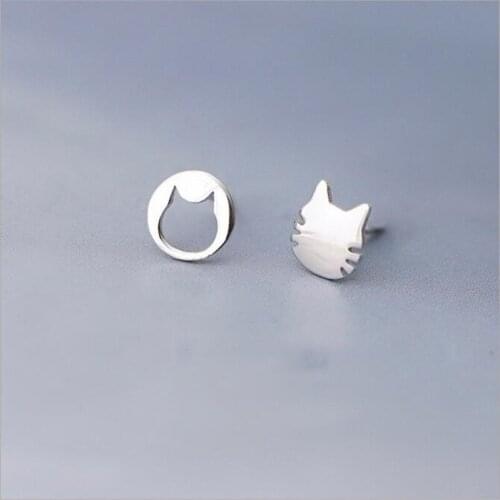 New Fashion 925 Sterling Silver Jewelry Cute Creative Small Cat Hollow Asymmetrical Stud Earrings for Women Gifts Female SE230